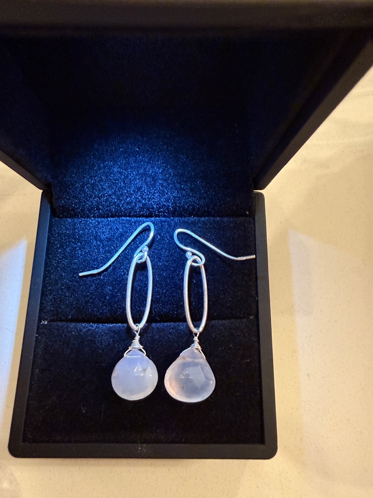 Sterling Silver Drop Earrings With Pale Blue Chalcedony Teardrops